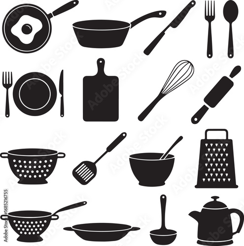 Assorted kitchen cookware and utensils in black silhouette cooking frying pan