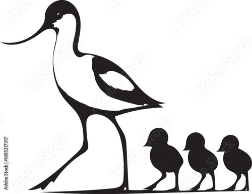 Avocet bird with children in silhouette for nature and family themes