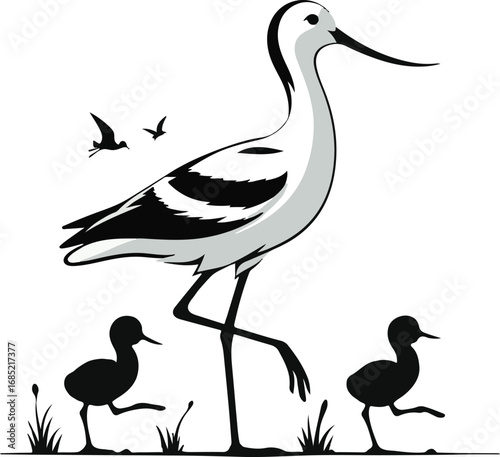 Avocet bird with children enjoying nature silhouette vector illustration