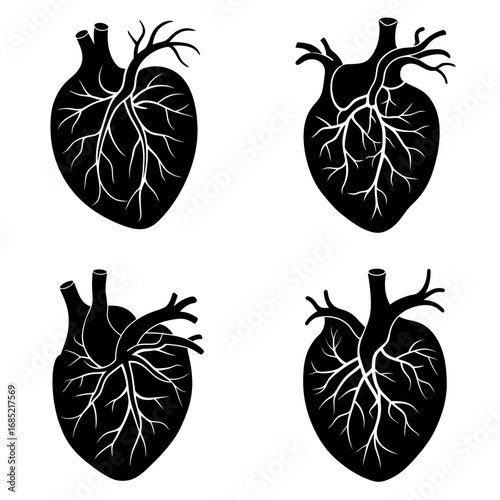 Four black heart illustrations with detailed veins and arteries on a white background in a pattern