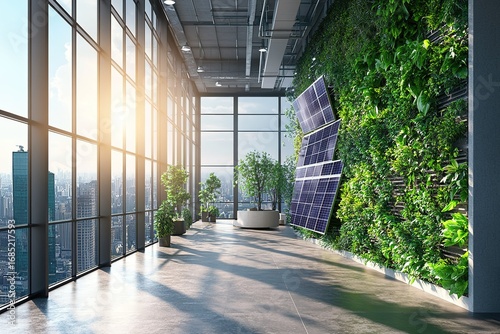 A corporate office with vertical gardens, solar panels, and eco-friendly workspaces, showcasing sustainable business transformation, photorealistic concept