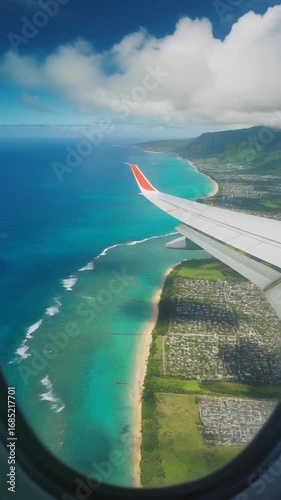Vertical Airplane Passenger POV Above Honolulu Hawaii USA with Stunning Coastline, Turquoise Ocean, Fluffy Clouds and Vibrant Cinematic Lighting – Realistic Travel Photography Live Wallpaper