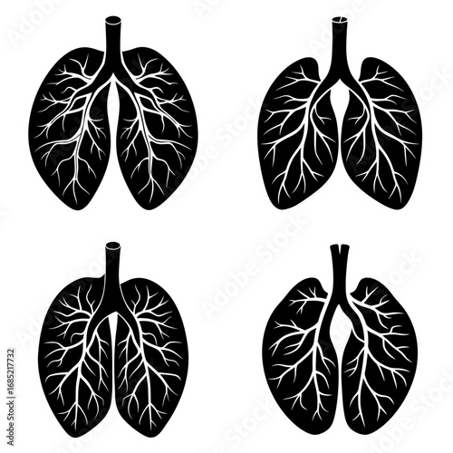 Four stylized lung illustrations in black and white showcasing respiratory system anatomy and bronchial structure