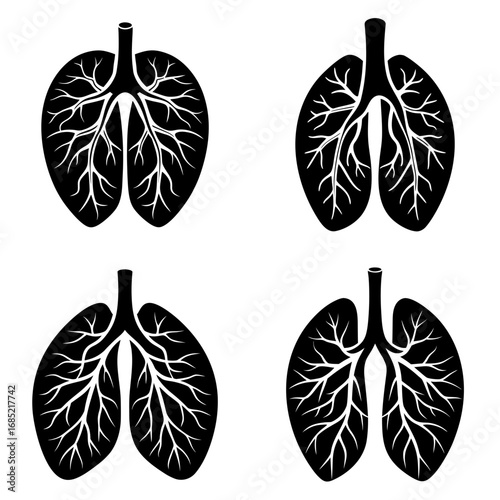 Four stylized black lung illustrations with detailed branching structures on a white background view