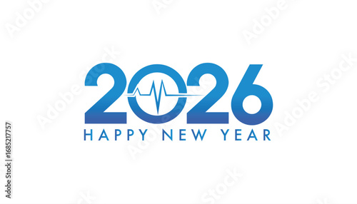 2026 typography design for medical sector, healthcare new year poster with stethoscope zero, ECG heartbeat wave, DNA strand background, modern hospital concept, futuristic clean professional vector