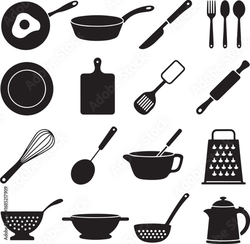 Collection of kitchen utensils and cookware icons in silhouette cooking food