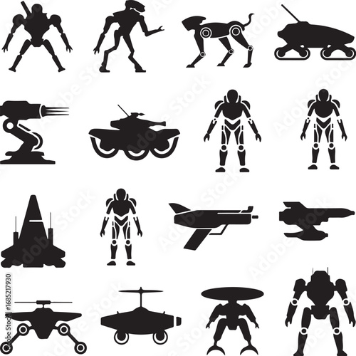 Futuristic robots vehicles and sci fi characters in silhouette android cyborg