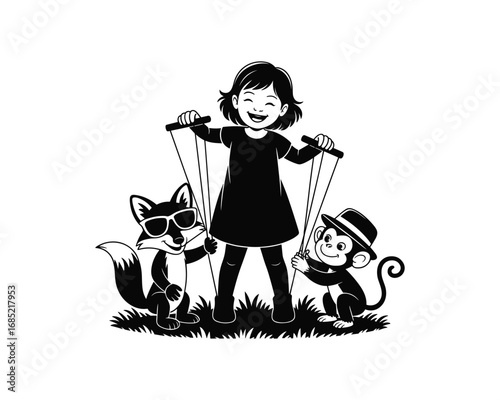 Girl with fox and monkey puppets on white background