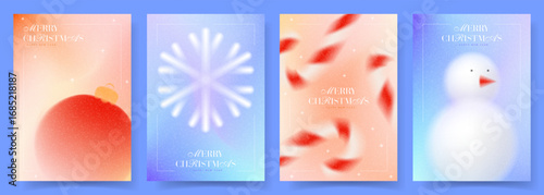 Merry Christmas and Happy New Year holiday cards. Gradient style vector posters with Christmas ball, snowflake, snowman, candy canes and typography design. Trendy minimalist New Year posters.