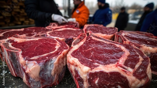 Fresh cuts of high-quality meat displayed prominently, showcasing marbling and texture, with people in the background engaged in a market setting.