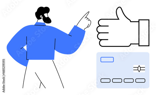 Confident man pointing, large approval hand gesture, credit card. Ideal for finance, banking, approval workflows, security, trust, fintech tools simple landing page