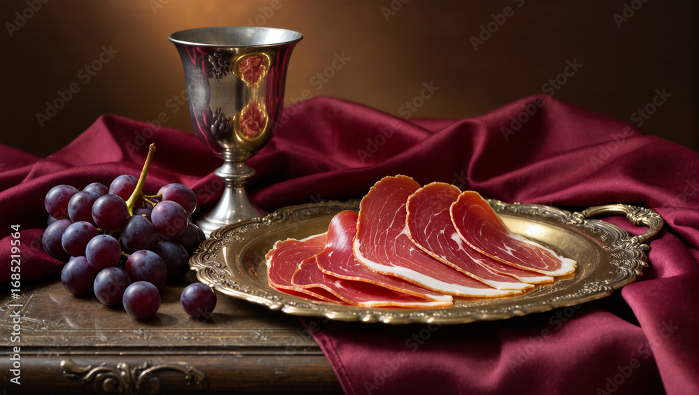 Fototapeta premium Gourmet meat served elegantly with rich grapes