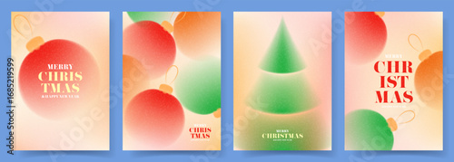 Merry Christmas and Happy New Year flyers. Gradient style vector posters with Christmas balls, fir tree and typography design. Simple minimalist New Year posters.