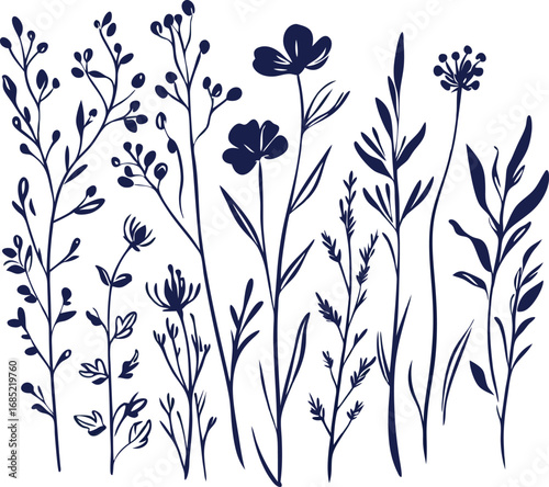 Delicate navy blue wildflowers and grasses illustrated in a loose botanical sketch on white background
