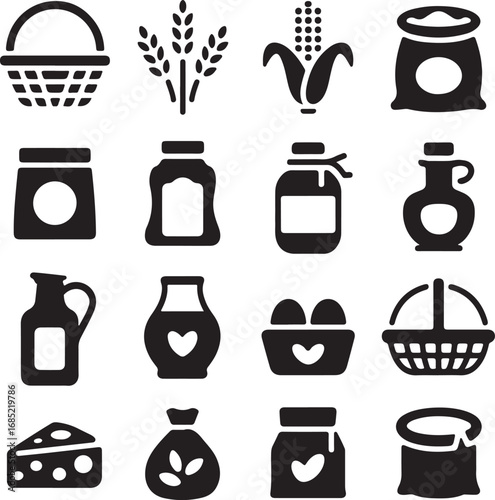Collection of food and grocery icons on white background Keywords: food, grocery, basket, wheat