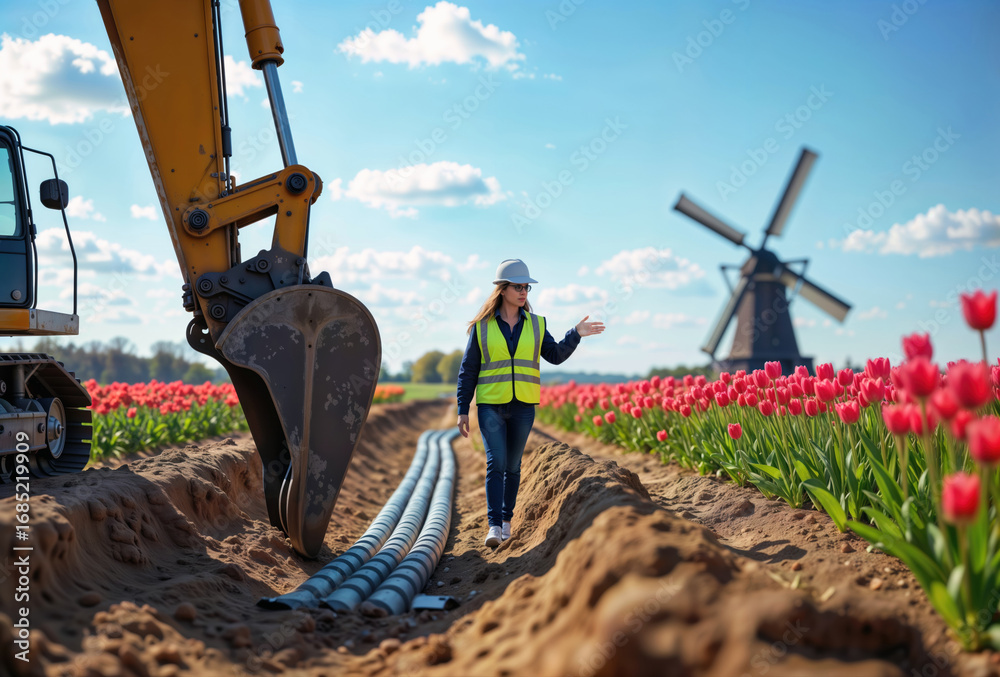 Obraz premium Woman oversees laying of cables in a field of tulips with a windmill.