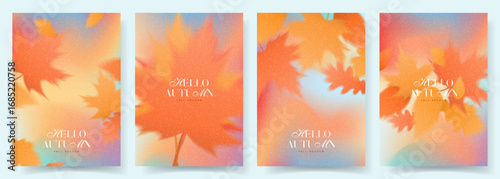 Trendy autumn gradient posters set. Vector autumn posters with fall foliage for decoration seasonal sale, advertising, banner, promotion, cards, social media. Modern gradient flyers. Fall season.