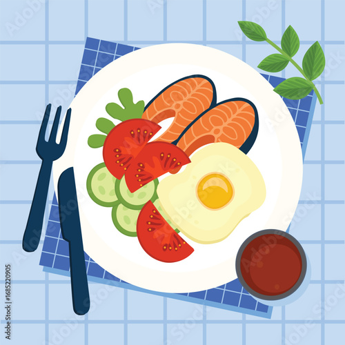 Overhead shot of a plate of food flat vector illustration the plate contains two salmon fillets