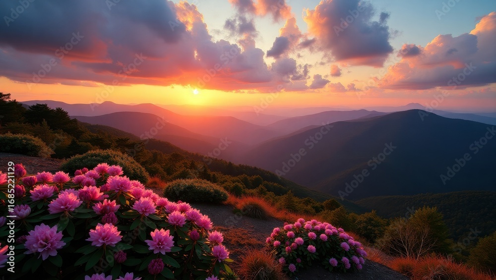 Fototapeta premium Vibrant mountain landscape at sunset with blooming pink flowers
