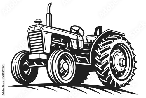 Classic agricultural tractor illustration in black and white
