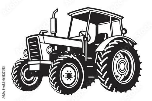 Classic agricultural tractor illustration in black and white