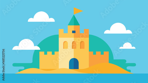 Flat Design Sandcastle on a Beach with Clouds and Ocean water