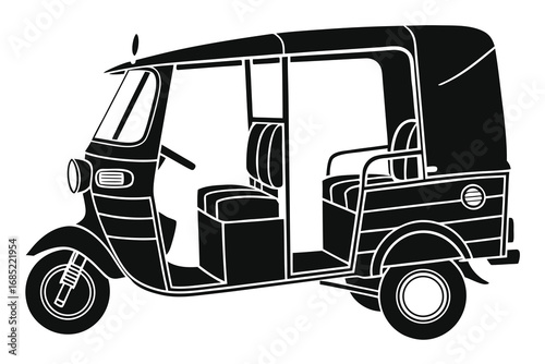 Black and white silhouette of a three wheeled auto rickshaw