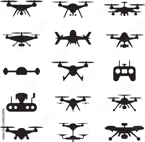 Collection of drone and unmanned aerial vehicle silhouettes Keywords: drone, UAV, quadcopter