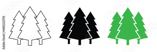 pine tree icons in different styles isolated on white background. nature, wood, plant, evergreen, fir, spruce, conifer, christmas, winter, holiday, season, symbol.