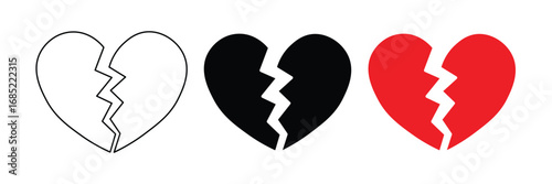 broken heart icons in black, white and red isolated on white background. sad, break, shape, romance, valentine, crack, hurt, pain, feeling, divorce, symbol.