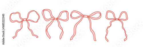 Set of hand drawn ribbon bows in coquette style. Cute feminine decorative elements for digital design, scrapbooking, planners, invitations, packaging, and social media. Isolated on white vector art