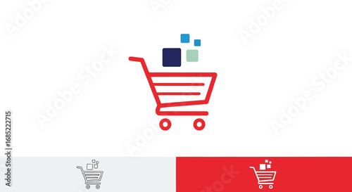 Vector illustration of red shopping cart with colorful cubes in it
