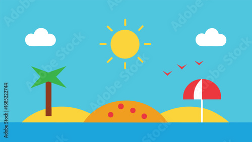 Flat Design Tropical Beach Scene With Palm Tree Sun Clouds And Ocean summer vacation