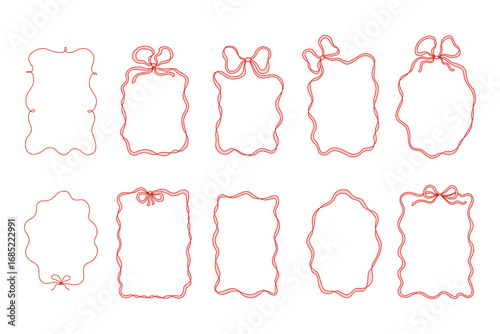 Collection of hand drawn ribbon bow frames in coquette style. Cute decorative borders for cards, invitations, planners, scrapbooking, packaging design, digital projects, and social media