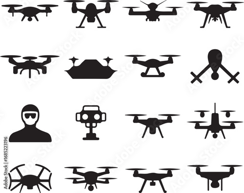 Collection of Drone and Pilot Silhouette Icons on White Background quadcopter aerial vehicle