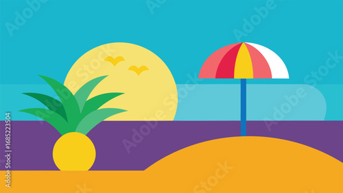 Flat Design Tropical Beach Sunset with Pineapple and Beach Umbrella vector illustration