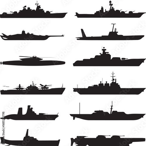 Diverse Black Silhouettes of Military Ships and Naval Vessels navy warship