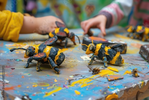 Creating cardboard beehives during outdoor activity.