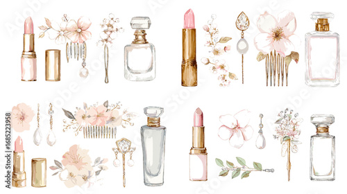 Elegant watercolor makeup set with lipsticks, perfume bottles, flowers, and jewelry. Perfect for fashion design, beauty illustrations, and feminine artwork.