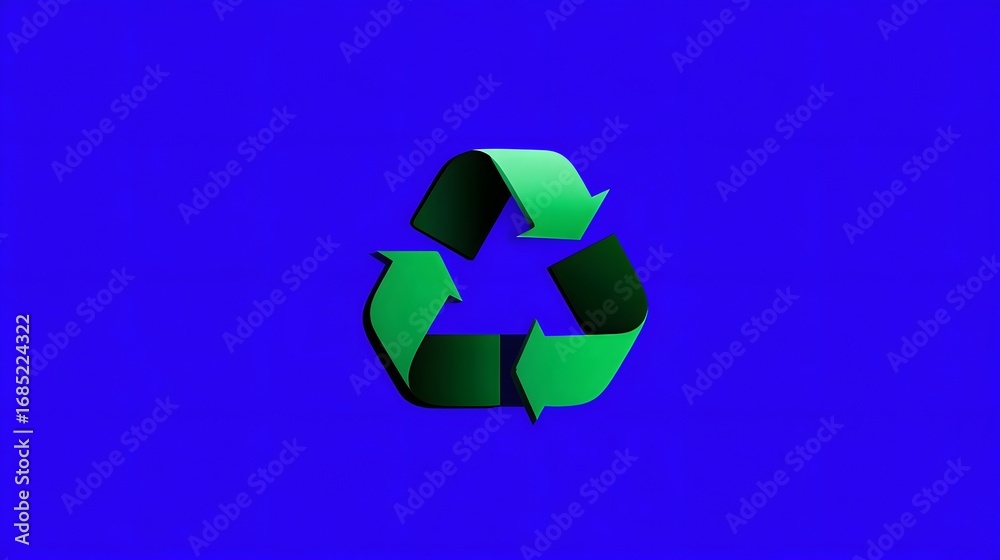 Obraz premium A simple, minimalist of the iconic recycling symbol in green against a vibrant blue background, representing sustainability and environmental conservation.
