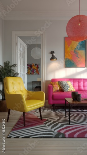 Modern scandinavian interior layout featuring stylish furniture and chairs in a bright colorful environment