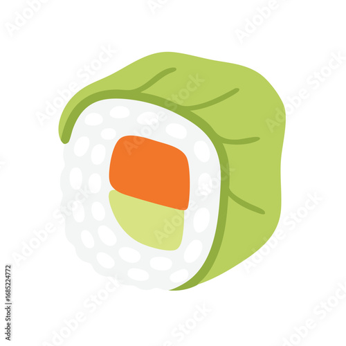 single sushi roll the roll is wrapped in a translucent green leaf