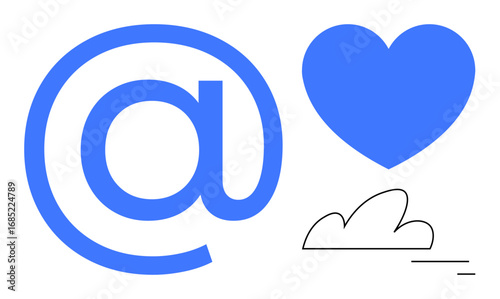 Blue at symbol, heart, and line art cloud create a modern aesthetic for connectivity, love, and tech themes. Ideal for social media, email, networking, relationships simplicity tech culture simple