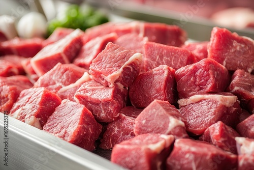 Fresh, neatly cut pieces of red meat are displayed prominently, showcasing their texture and color, ideal for a market or butcher shop setting.