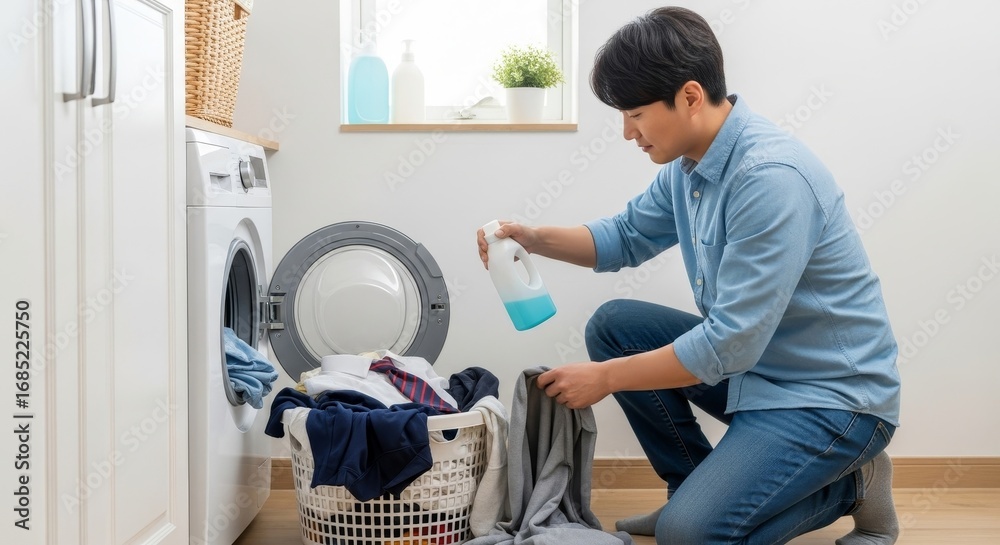 Fototapeta premium Young Asian man doing laundry at home, adding detergent to washing machine
