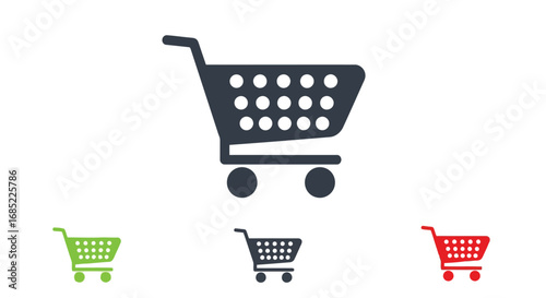 Vector illustration of collection of shopping cart icons in different colors dark blue, green, black, red isolated on a, representing online shopping options