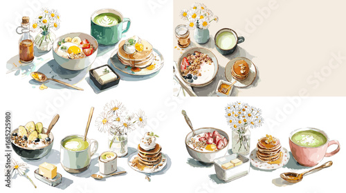 Watercolor breakfast set with pancakes, eggs, yogurt, matcha, and honey. Perfect for food design, recipe books, cafe menus, and culinary artwork.