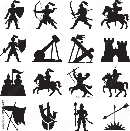 Medieval Knights Archers Siege Weapons Castle and Banners Silhouettes soldier warrior