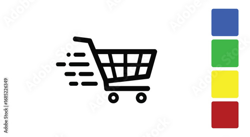 Vector illustration of fast shopping cart icon with motion blur effect and color swatches