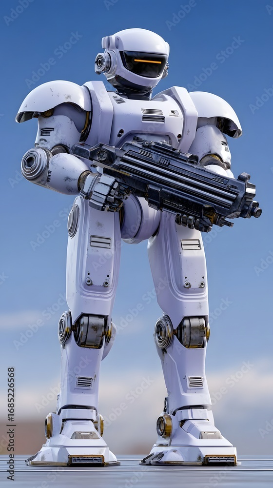 Naklejka premium A sleek, metallic humanoid robot stands tall against a bright blue sky, showcasing advanced technology and engineering.